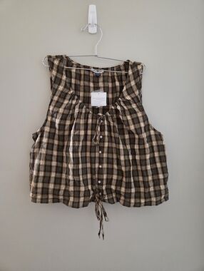 Brown Plaid Sleeveless Button-Front Top